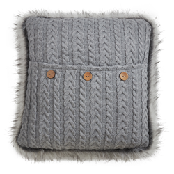 1388 - Faux Fur Trim Button Knit Pillow - Poly Filled