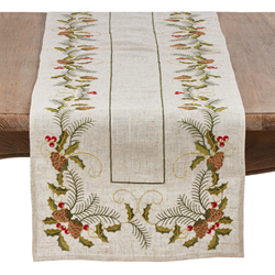 1851 Embroidered Pinecone And Holly Runner